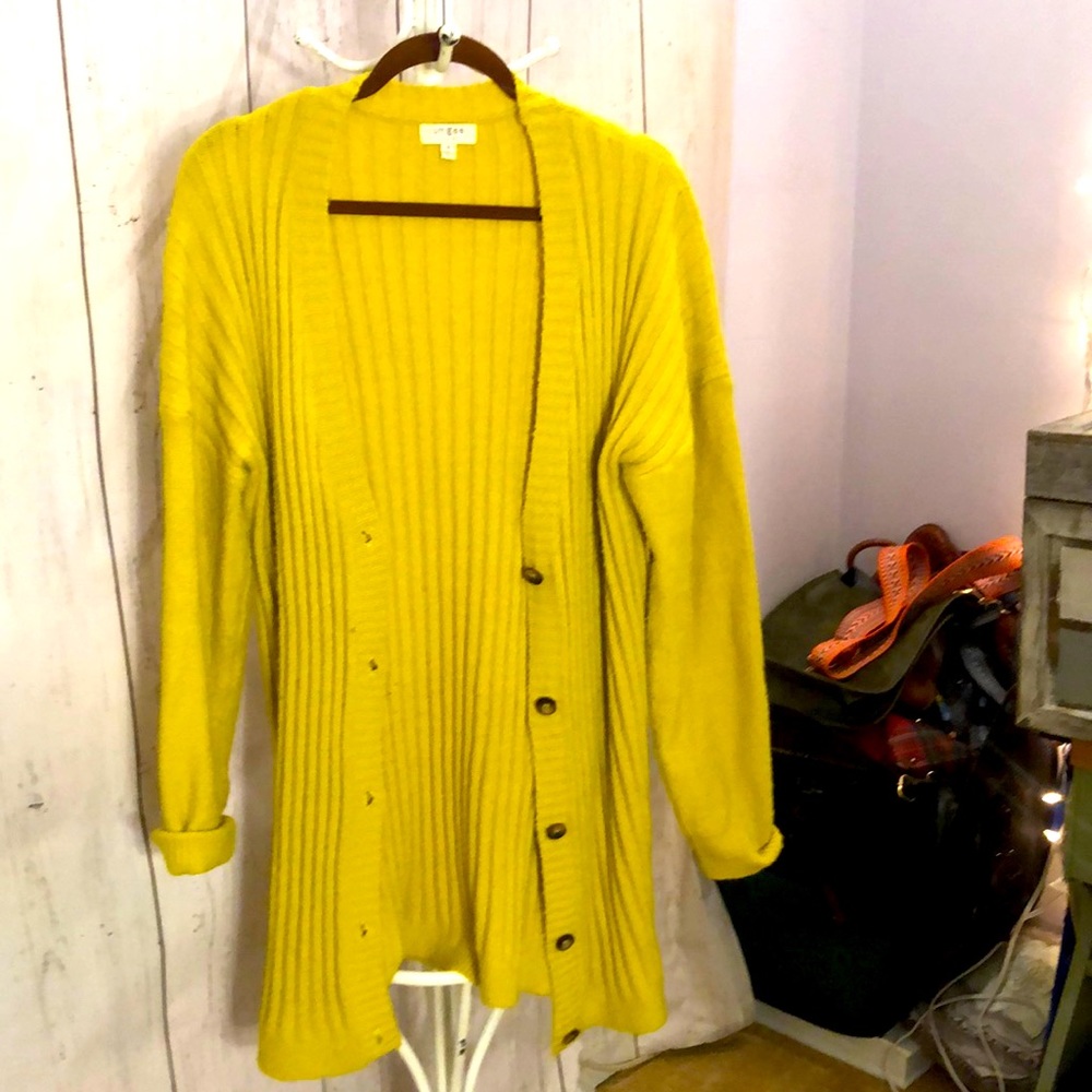 Wool, long cardigan. Chartreuse yellow/green.